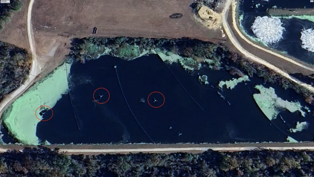 Aerial view of the final lagoon with floating solar aerators
