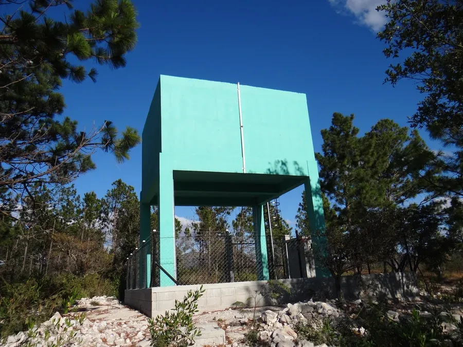 The 17,000-gallon elevated concrete tank at the top of the site